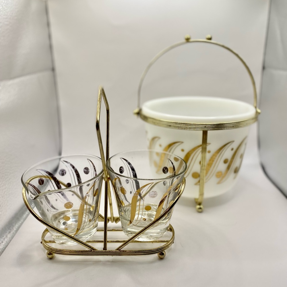 *VINTAGE* MCM Milk Glass & Gold Ice Bucket in Stand With Sugar & Creamer Set